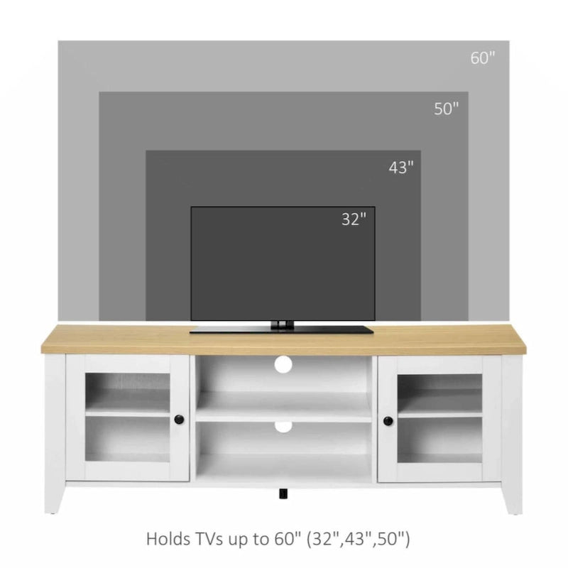 55" TV Stand Entertainment Center with Storage Cabinets & Shelves - White Wood Grain Modern Farmhouse Style for 60" Flatscreen TVs
