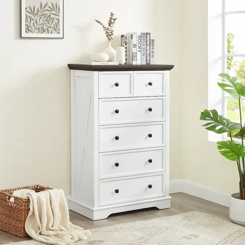 6 Drawer Tall Dresser Cabinet - Modern Farmhouse Storage Organizer with Metal Handles, Anti-Tip Device - White & Black Wood Grain