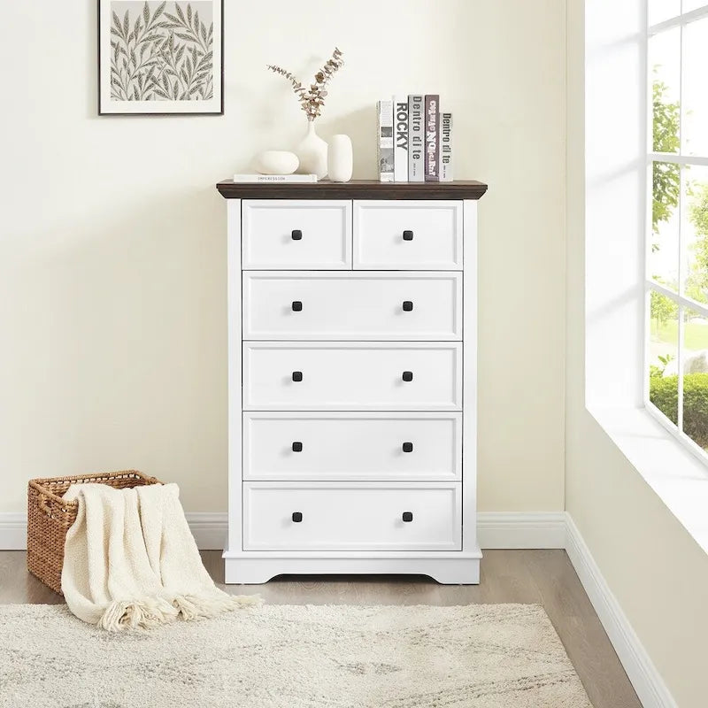 6 Drawer Tall Dresser Cabinet - Modern Farmhouse Storage Organizer with Metal Handles, Anti-Tip Device - White & Black Wood Grain
