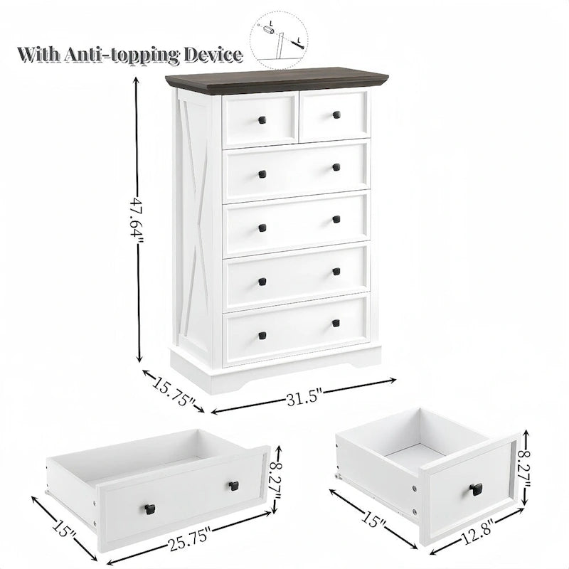 6 Drawer Tall Dresser Cabinet - Modern Farmhouse Storage Organizer with Metal Handles, Anti-Tip Device - White & Black Wood Grain