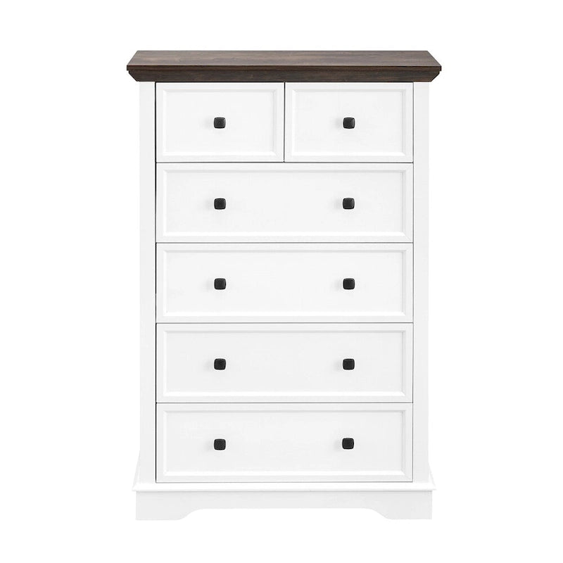 6 Drawer Tall Dresser Cabinet - Modern Farmhouse Storage Organizer with Metal Handles, Anti-Tip Device - White & Black Wood Grain