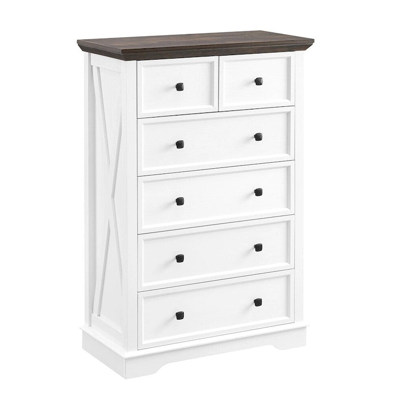 6 Drawer Tall Dresser Cabinet - Modern Farmhouse Storage Organizer with Metal Handles, Anti-Tip Device - White & Black Wood Grain