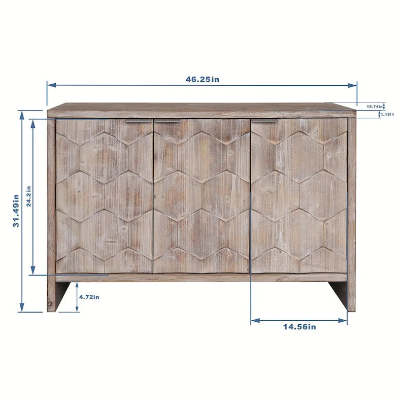 Farmhouse 3-Door Wooden Sideboard Buffet Cabinet with Hexagonal Pattern Doors & Adjustable Shelves - MDF & Fir Wood Storage