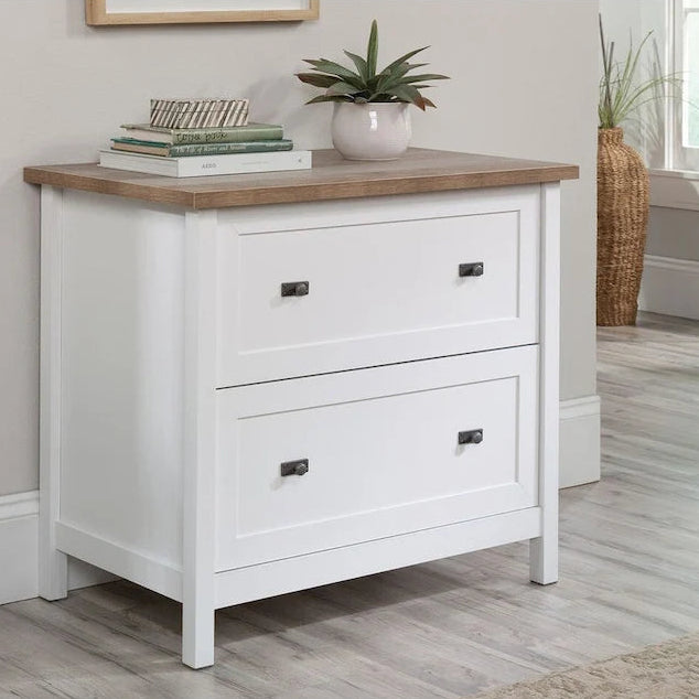 2-Drawer Lateral File Cabinet, White with Oak Accent, Letter/Legal Size, 33.6"W x 29.8"H, Full Extension Slides
