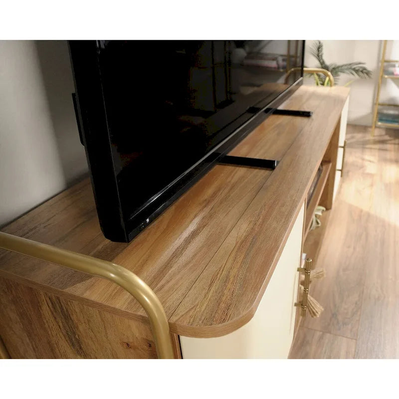 60" TV Stand Entertainment Credenza with Doors - Mid-Century Modern Coastal Style - Sindoori Mango Finish - Gold Metal Frame