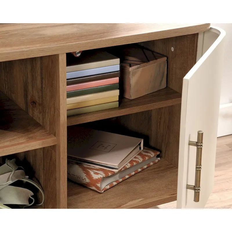 60" TV Stand Entertainment Credenza with Doors - Mid-Century Modern Coastal Style - Sindoori Mango Finish - Gold Metal Frame