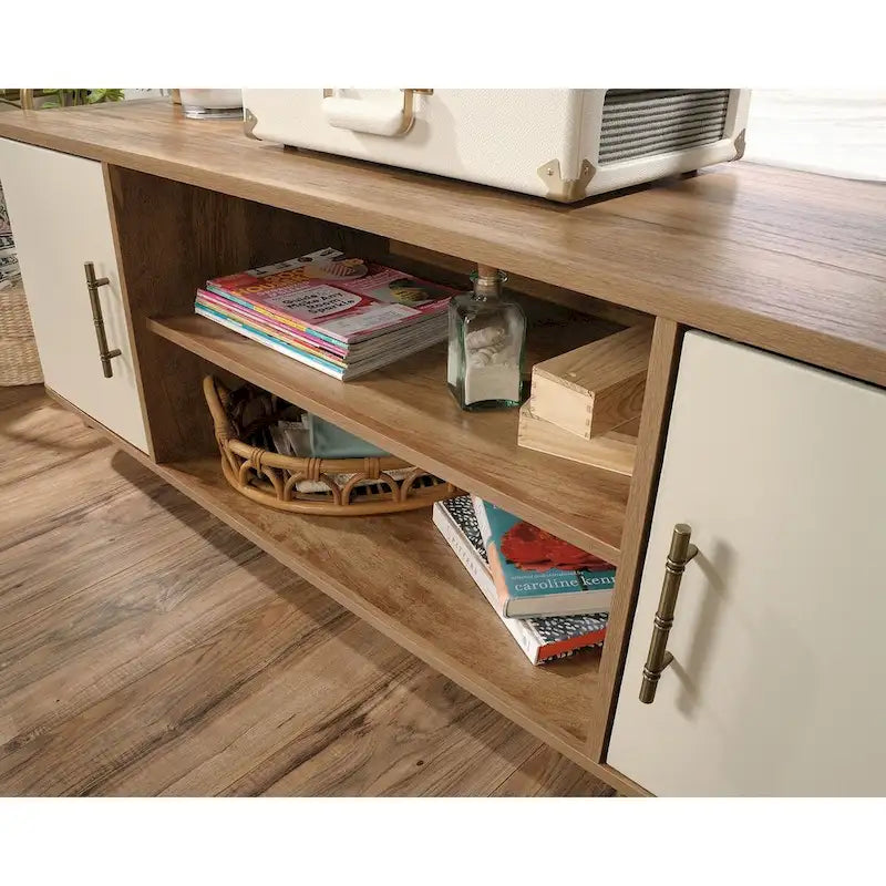 60" TV Stand Entertainment Credenza with Doors - Mid-Century Modern Coastal Style - Sindoori Mango Finish - Gold Metal Frame