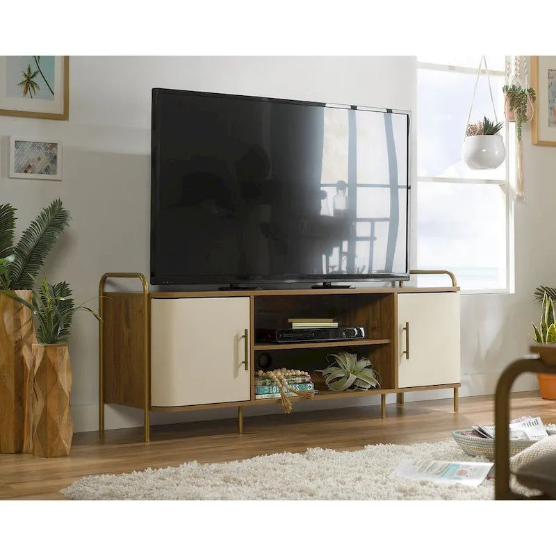 60" TV Stand Entertainment Credenza with Doors - Mid-Century Modern Coastal Style - Sindoori Mango Finish - Gold Metal Frame