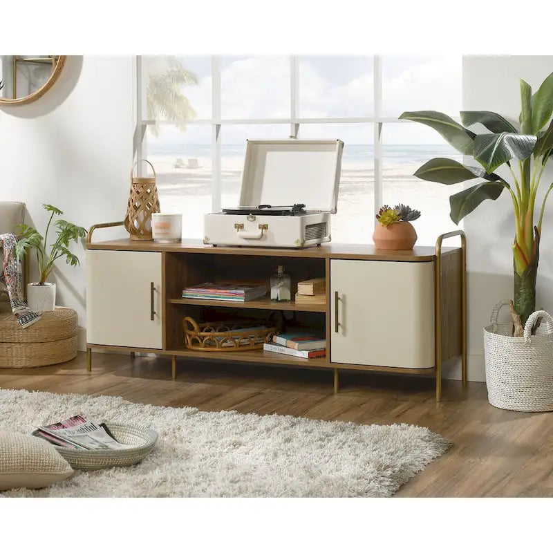60" TV Stand Entertainment Credenza with Doors - Mid-Century Modern Coastal Style - Sindoori Mango Finish - Gold Metal Frame
