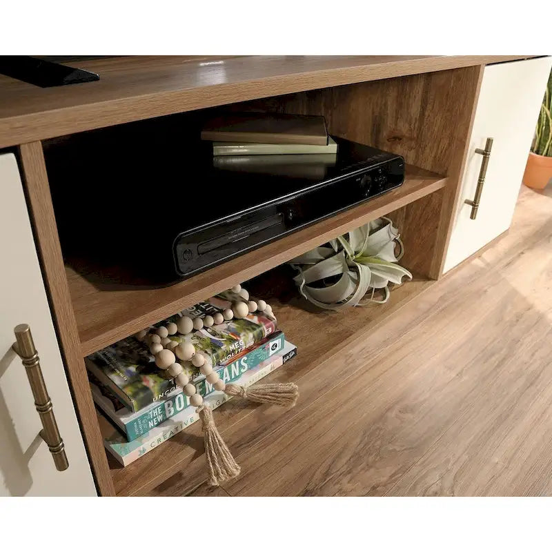 60" TV Stand Entertainment Credenza with Doors - Mid-Century Modern Coastal Style - Sindoori Mango Finish - Gold Metal Frame