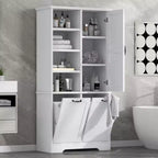 Meuble de rangement de salle de bain avec portes et tiroirs, panier à linge inclinable, plusieurs espaces de rangement, style autoportant