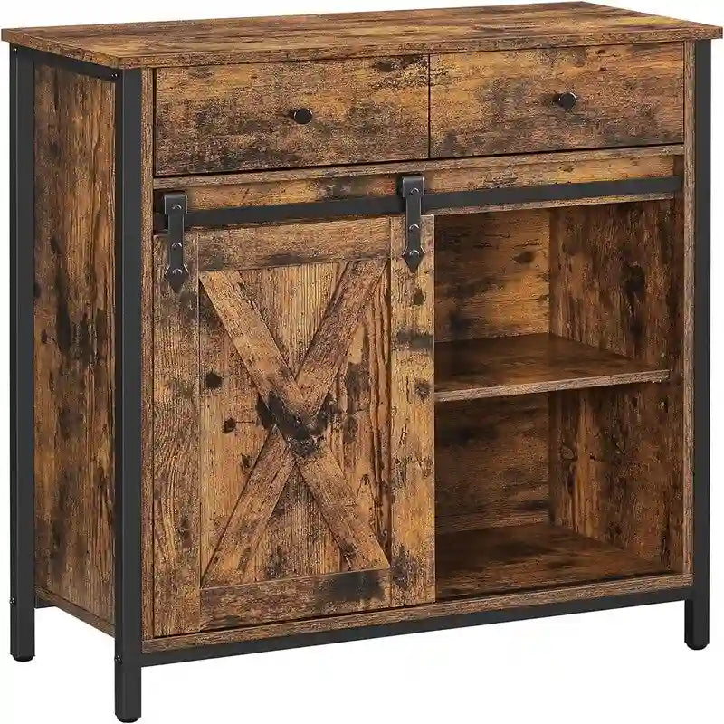 Industrial Buffet Cabinet with Sliding Barn Door, 34 Compartments, Adjustable Shelves, 27.6"W x 31.5"H Storage Sideboard