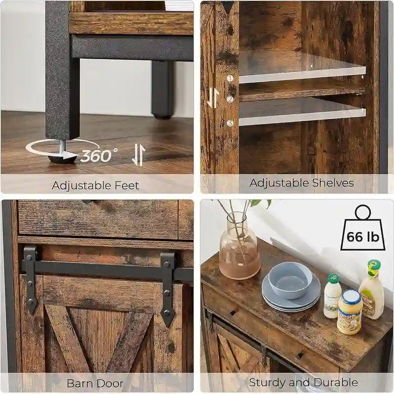 Industrial Buffet Cabinet with Sliding Barn Door, 34 Compartments, Adjustable Shelves, 27.6"W x 31.5"H Storage Sideboard