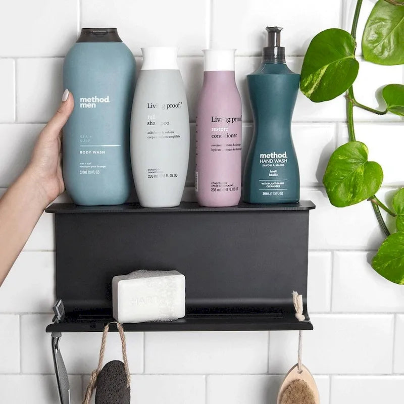 Double Shower Shelf with Razor Holder & 4 Hooks - 11.8" Aluminum Bathroom Organizer - Tool-Free Installation - Holds 7.5 lbs