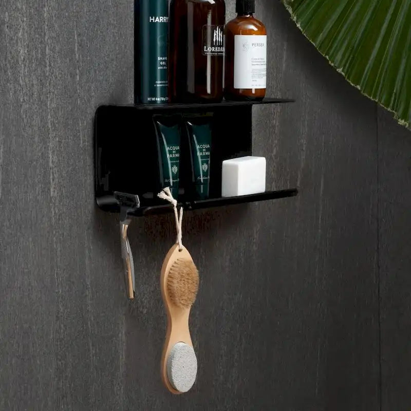 Double Shower Shelf with Razor Holder & 4 Hooks - 11.8" Aluminum Bathroom Organizer - Tool-Free Installation - Holds 7.5 lbs