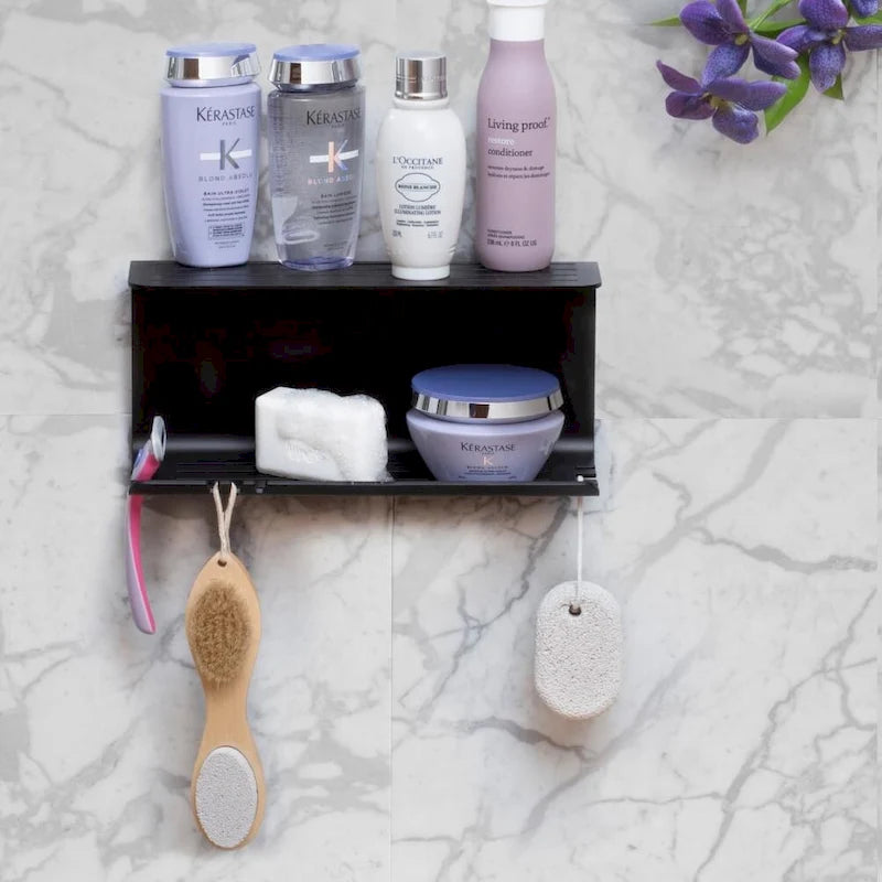 Double Shower Shelf with Razor Holder & 4 Hooks - 11.8" Aluminum Bathroom Organizer - Tool-Free Installation - Holds 7.5 lbs