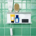 Double Shower Shelf with Razor Holder & 4 Hooks - 11.8" Aluminum Bathroom Organizer - Tool-Free Installation - Holds 7.5 lbs