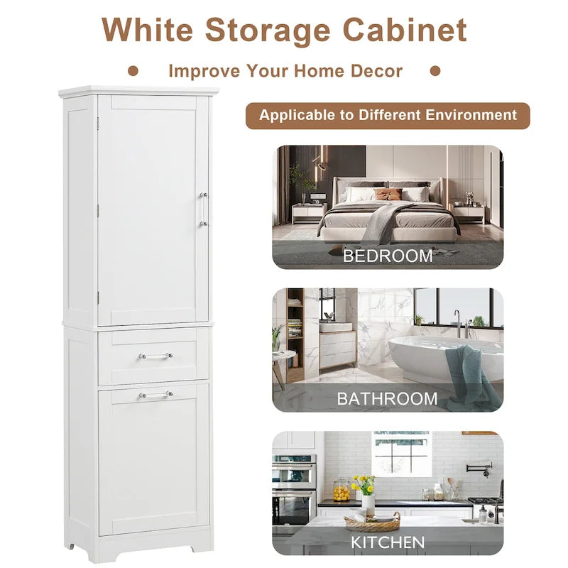 White MDF Storage Cabinet with 2 Drawers, Adjustable Shelf & Anti-Toppling Device - Bathroom Organizer, 100lbs Capacity, Waterproof Finish