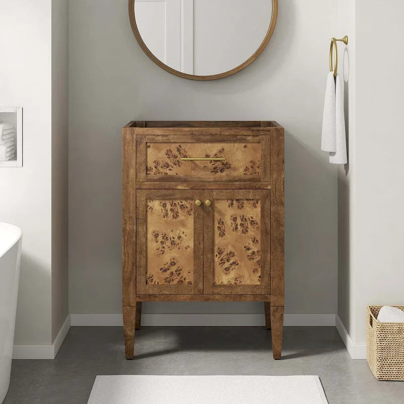 24 Inch Bathroom Vanity Cabinet - Mango Wood with Burl Veneer - Single Drawer Storage - Modern Freestanding Design