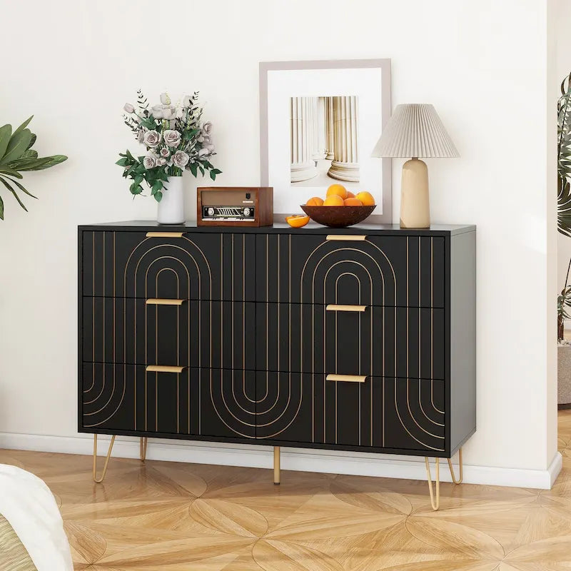 6 Drawer Dresser with Metal Handles - Wide Storage Chest Organizer, Scratch-Resistant Waterproof Finish, Gold Accents, Anti-Tip Design