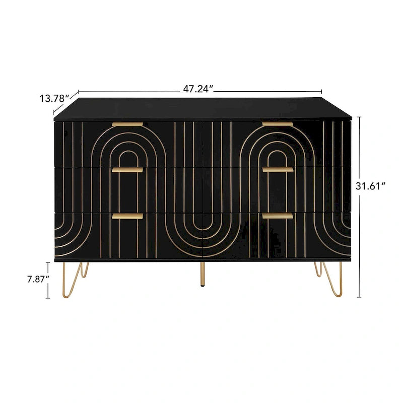 6 Drawer Dresser with Metal Handles - Wide Storage Chest Organizer, Scratch-Resistant Waterproof Finish, Gold Accents, Anti-Tip Design