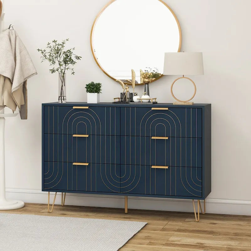 6 Drawer Dresser with Metal Handles - Wide Storage Chest Organizer, Scratch-Resistant Waterproof Finish, Gold Accents, Anti-Tip Design