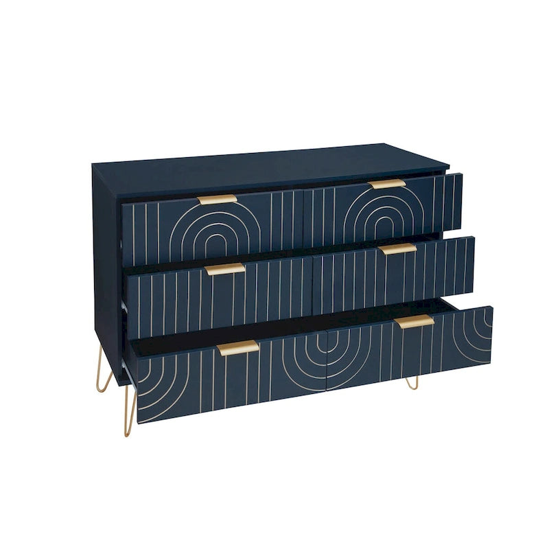 6 Drawer Dresser with Metal Handles - Wide Storage Chest Organizer, Scratch-Resistant Waterproof Finish, Gold Accents, Anti-Tip Design
