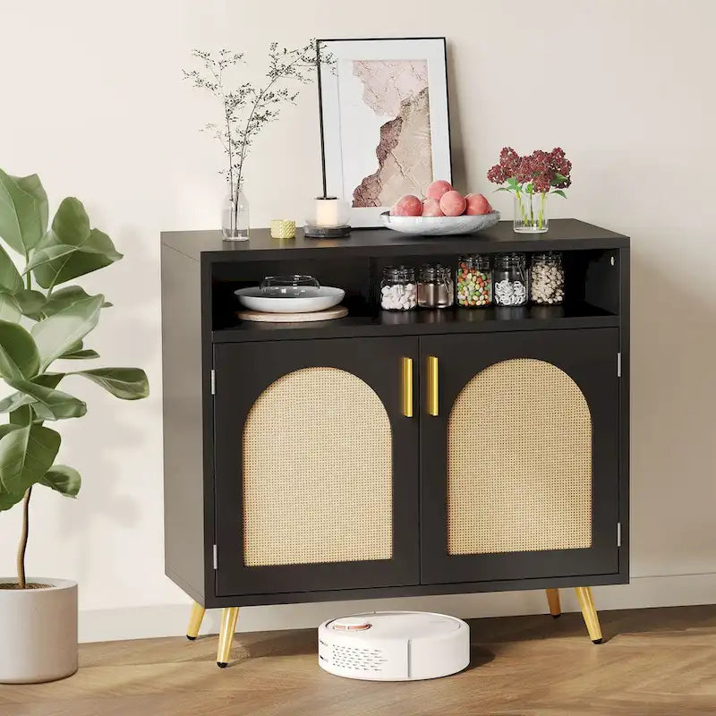 Rattan Buffet Sideboard Cabinet 2-Door 31.49"W x 29.53"H Storage Dining Room Furniture Bohemian Style