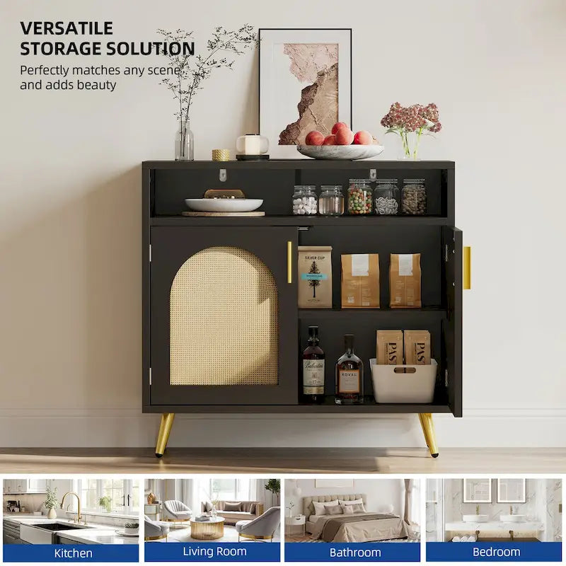 Rattan Buffet Sideboard Cabinet 2-Door 31.49"W x 29.53"H Storage Dining Room Furniture Bohemian Style