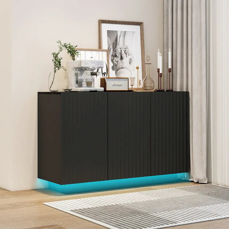 LED Carved 3 Door Storage Cabinet Sideboard Buffet with Adjustable Shelf USB Light Strip Anti-Tipping Large Accent Cabinet