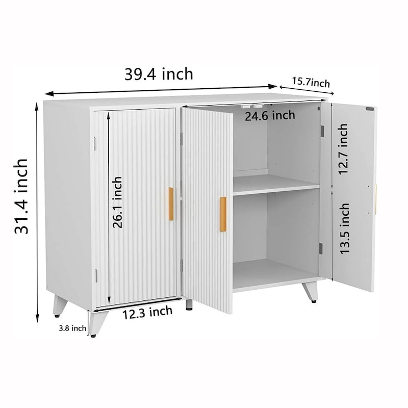 White Wavy Fluted Buffet Cabinet with Storage - Modern Accent Sideboard with Brass Legs for Dining Room Kitchen Entryway