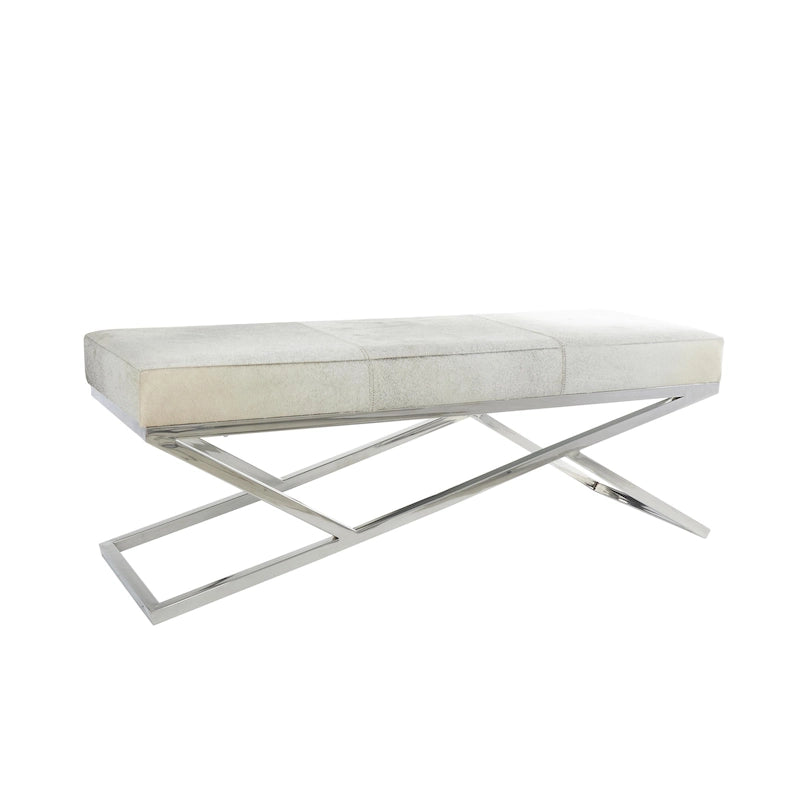 Geometric Leather Bench Light Grey 47.5"L x 16.2"W x 18"H Silver Metal Base Indoor Seating 400lbs Capacity