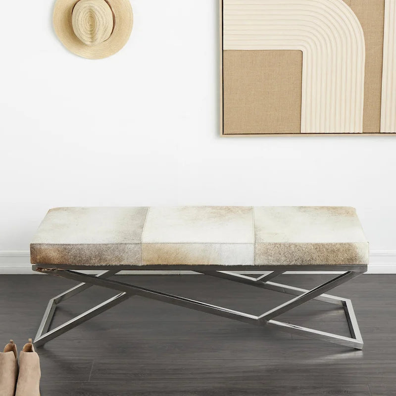 Geometric Leather Bench Light Grey 47.5"L x 16.2"W x 18"H Silver Metal Base Indoor Seating 400lbs Capacity