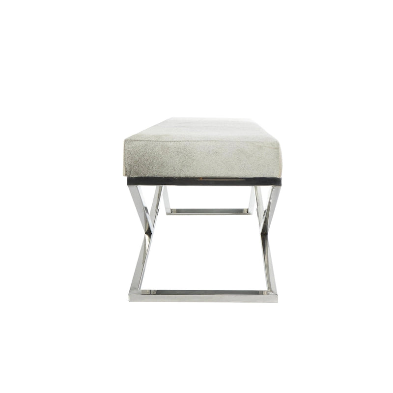 Geometric Leather Bench Light Grey 47.5"L x 16.2"W x 18"H Silver Metal Base Indoor Seating 400lbs Capacity