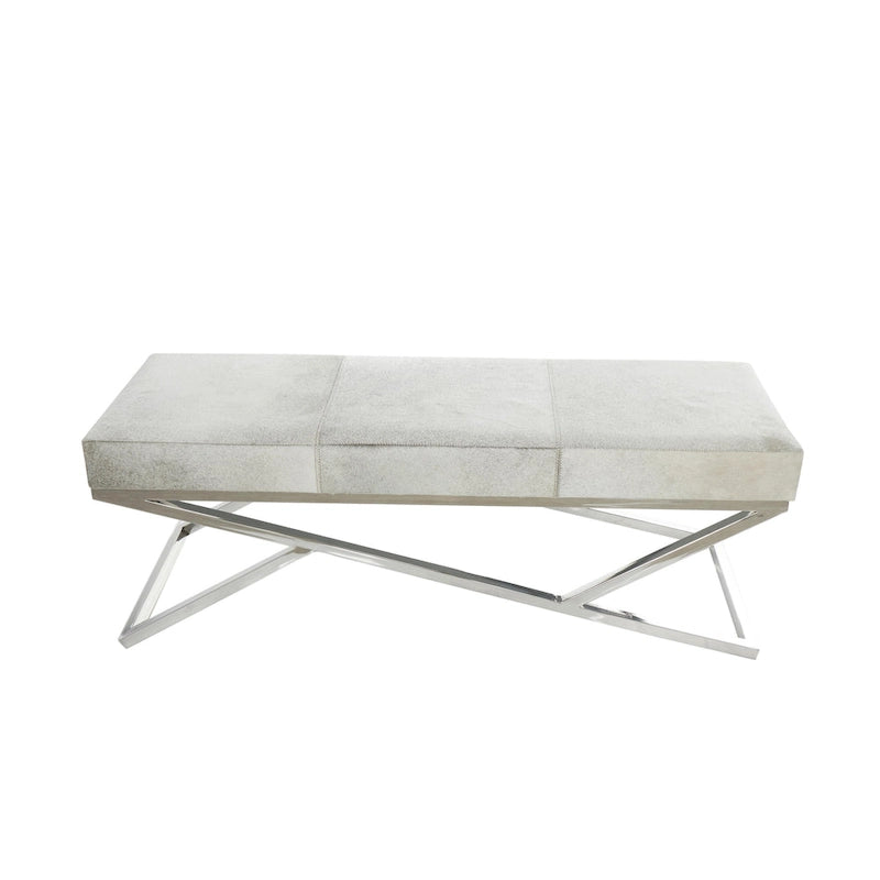 Geometric Leather Bench Light Grey 47.5"L x 16.2"W x 18"H Silver Metal Base Indoor Seating 400lbs Capacity
