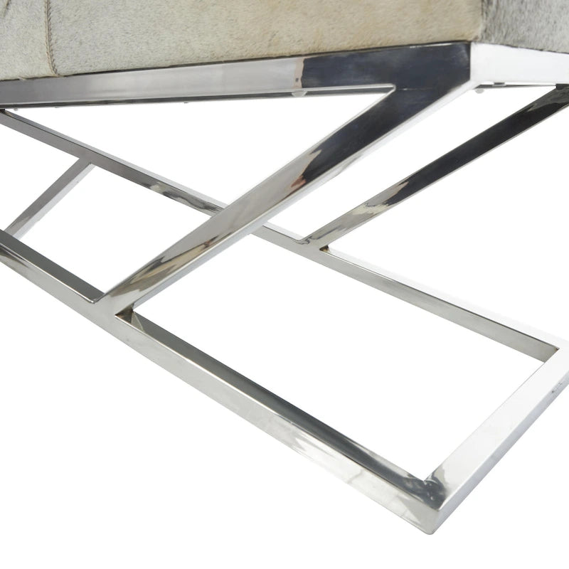 Geometric Leather Bench Light Grey 47.5"L x 16.2"W x 18"H Silver Metal Base Indoor Seating 400lbs Capacity