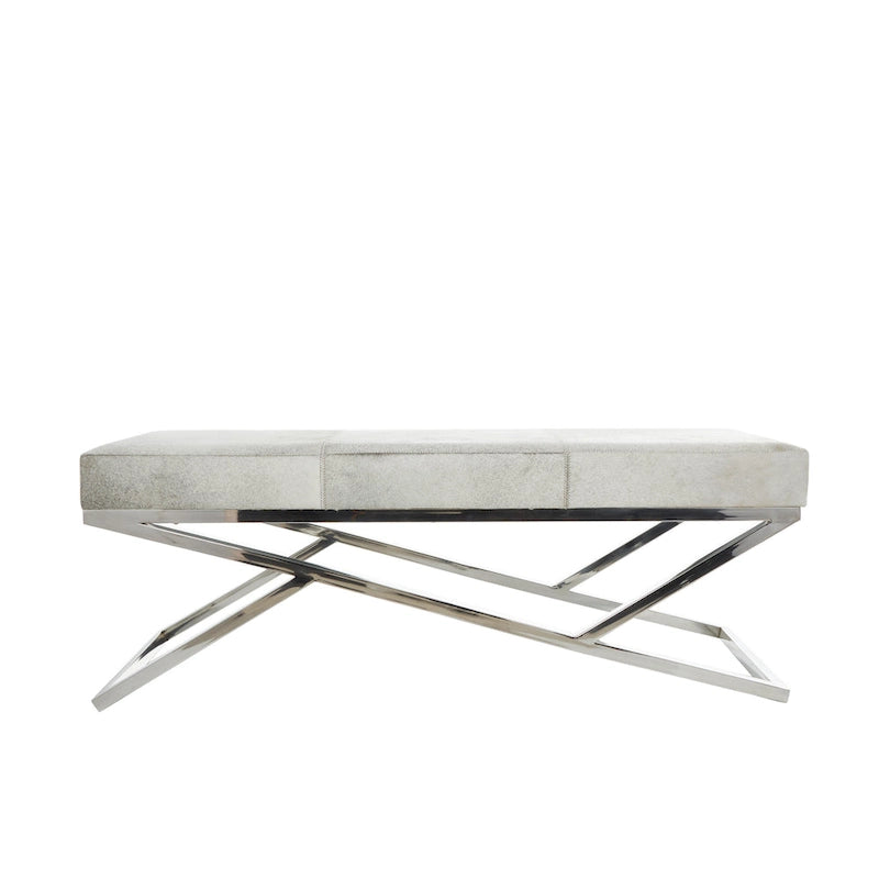 Geometric Leather Bench Light Grey 47.5"L x 16.2"W x 18"H Silver Metal Base Indoor Seating 400lbs Capacity