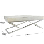 Geometric Leather Bench Light Grey 47.5"L x 16.2"W x 18"H Silver Metal Base Indoor Seating 400lbs Capacity