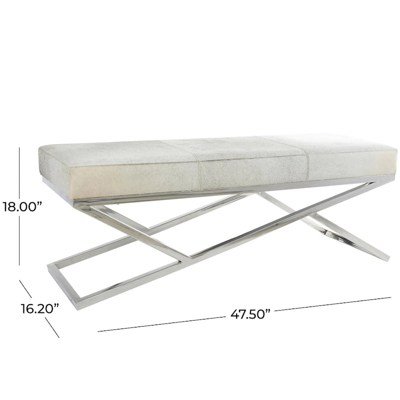 Geometric Leather Bench Light Grey 47.5"L x 16.2"W x 18"H Silver Metal Base Indoor Seating 400lbs Capacity
