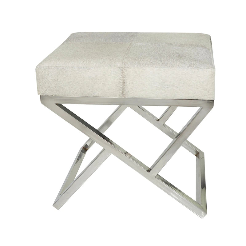 Geometric Leather Bench Light Grey 47.5"L x 16.2"W x 18"H Silver Metal Base Indoor Seating 400lbs Capacity