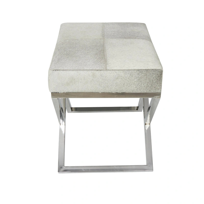 Geometric Leather Bench Light Grey 47.5"L x 16.2"W x 18"H Silver Metal Base Indoor Seating 400lbs Capacity