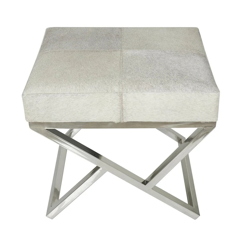 Geometric Leather Bench Light Grey 47.5"L x 16.2"W x 18"H Silver Metal Base Indoor Seating 400lbs Capacity