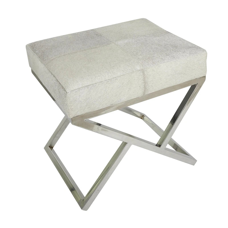 Geometric Leather Bench Light Grey 47.5"L x 16.2"W x 18"H Silver Metal Base Indoor Seating 400lbs Capacity