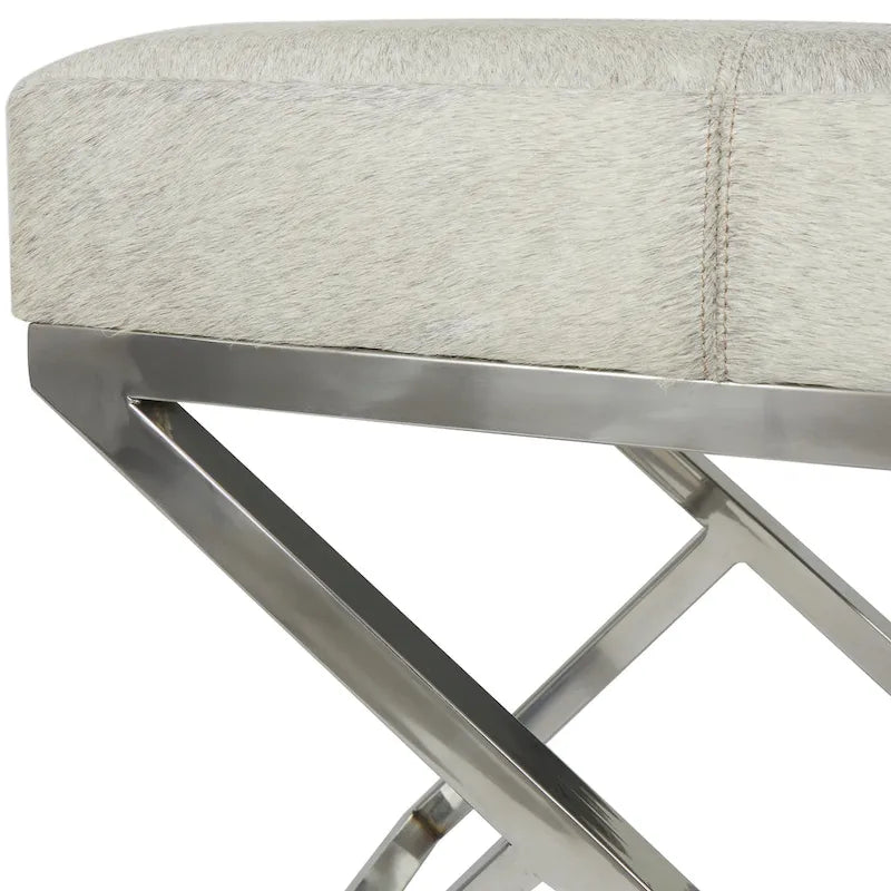Geometric Leather Bench Light Grey 47.5"L x 16.2"W x 18"H Silver Metal Base Indoor Seating 400lbs Capacity