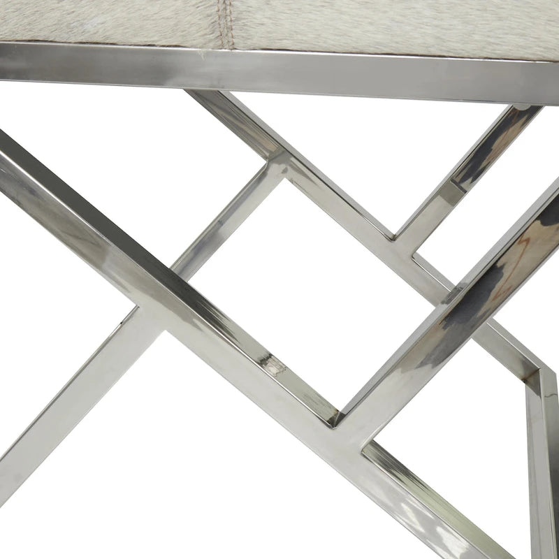 Geometric Leather Bench Light Grey 47.5"L x 16.2"W x 18"H Silver Metal Base Indoor Seating 400lbs Capacity