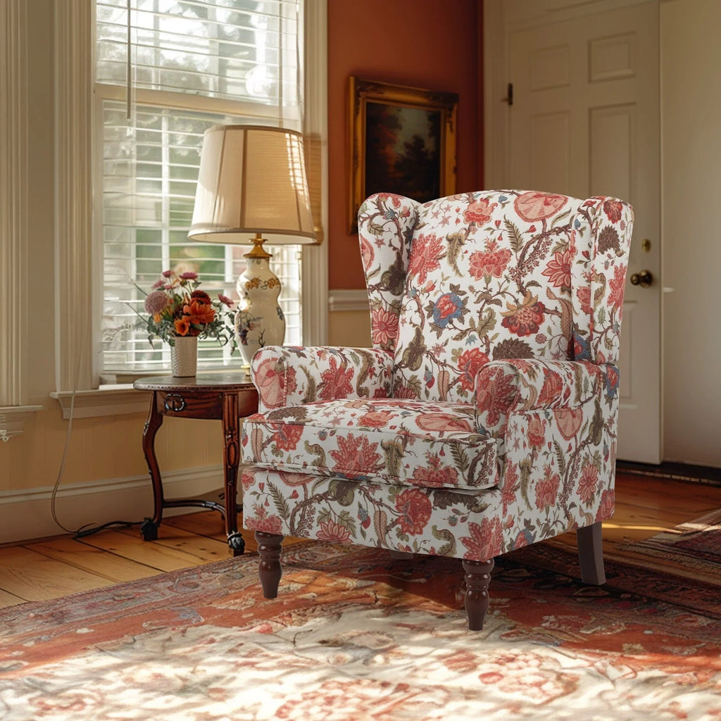 Fauteuil d'appoint moderne Erommy, fauteuil à dossier haut, canapé simple en tissu rembourré avec boutons et pieds en bois pour salon