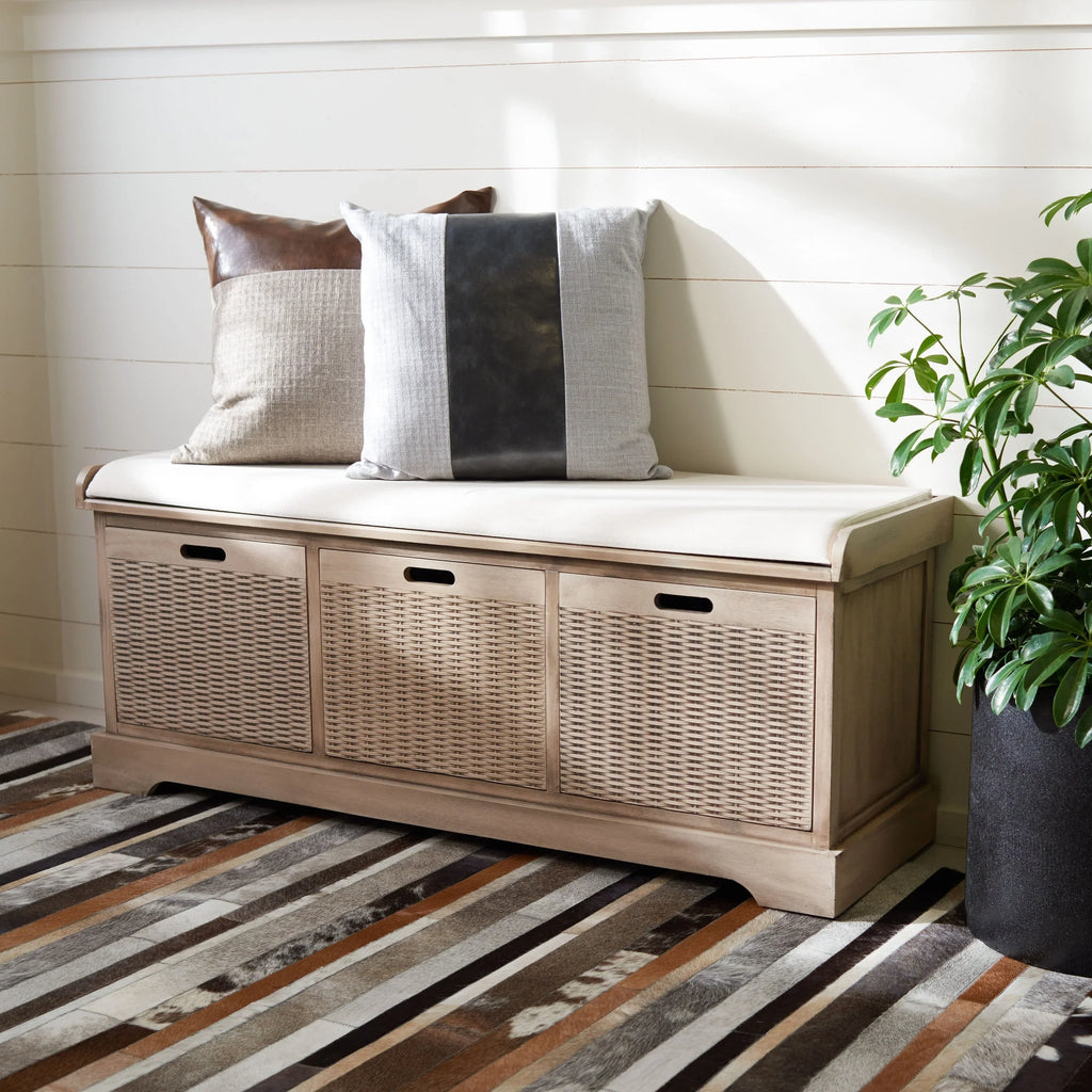 Banc de rangement SAFAVIEH Fiorello avec coussin et 3 tiroirs - 47,3 L x 15 P x 19 H - 47 L x 15 P x 19 H