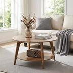 Table basse ronde marron miel avec 2 niveaux de rangement, mesurant 80 x 45 cm, idéale pour le salon