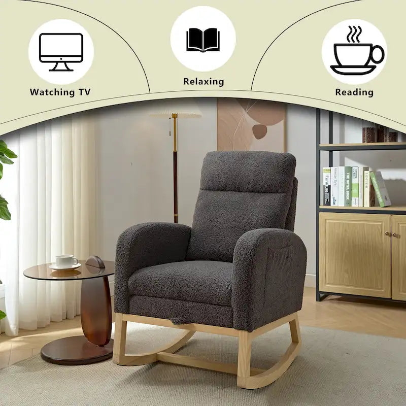Fauteuil à bascule moderne à dossier haut rembourré de 29,5 po avec pieds en bois massif et repose-pieds réglable